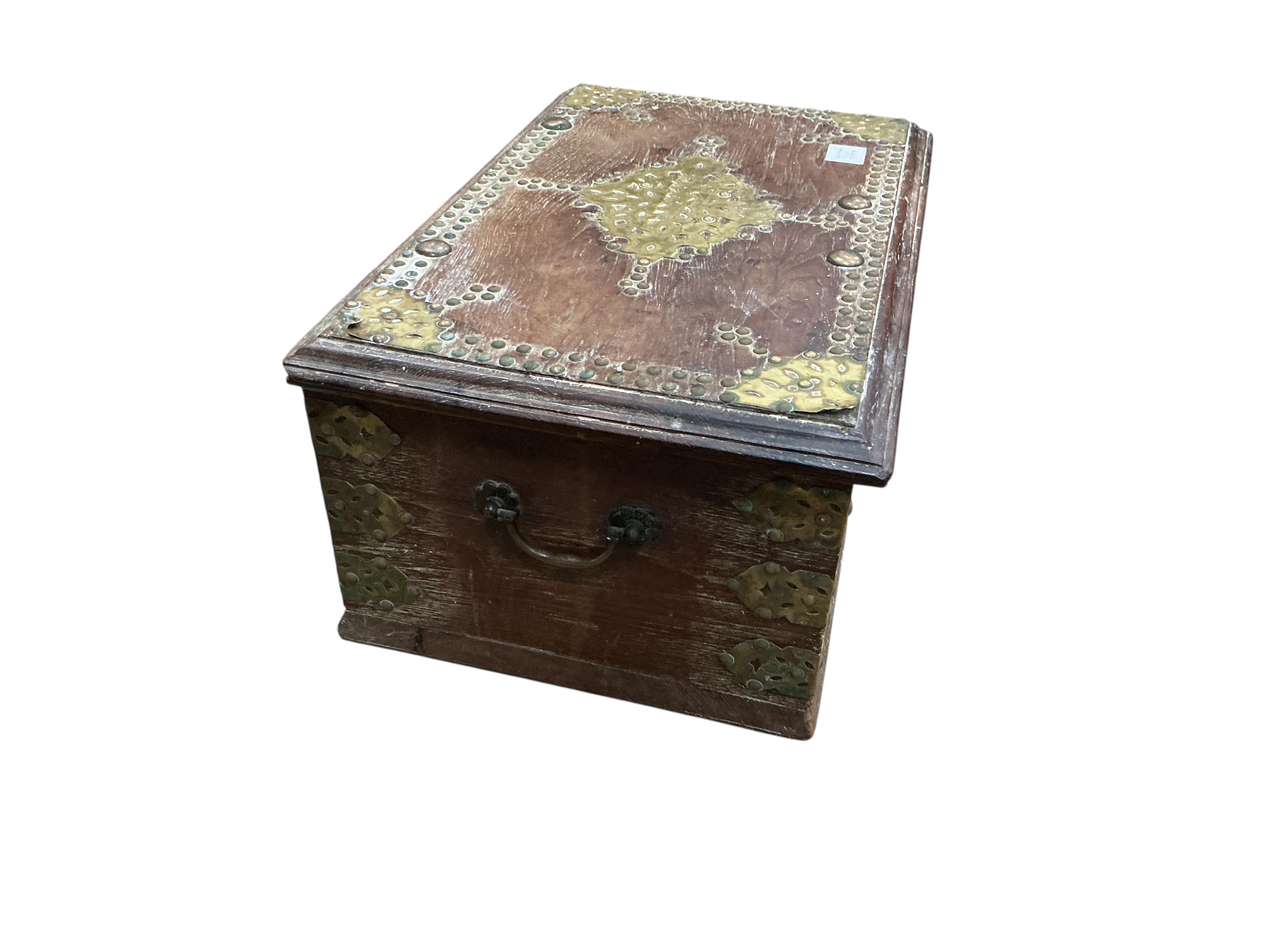 A Zanzibar type hardwood and brass studded box, width 57cm, depth 36cm, height 25cm